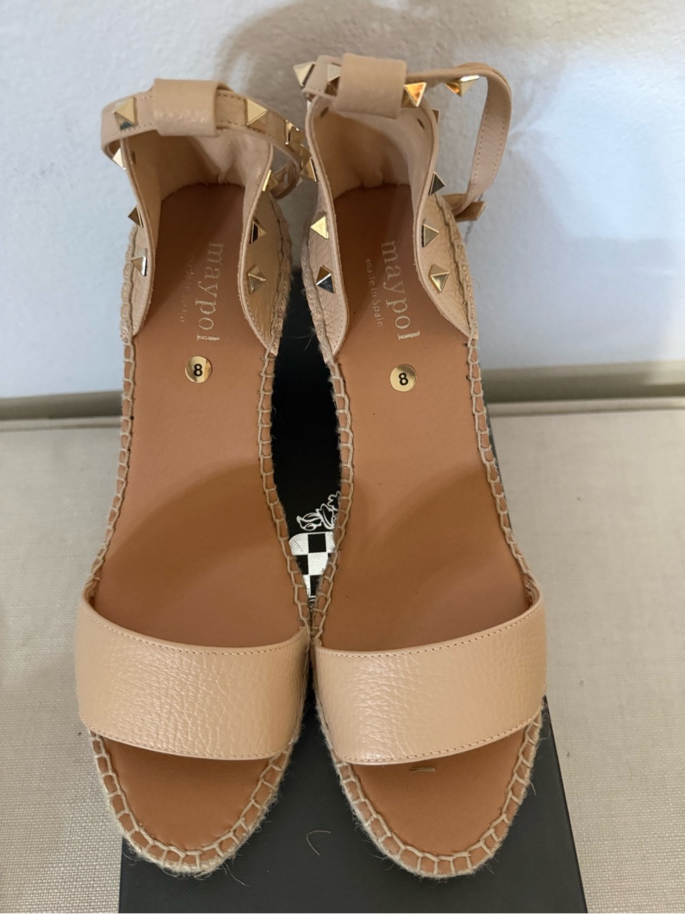 MAYPOL, Made In Spain Leather Studded Wedge Espadrilles, New, Beige, EU size 39